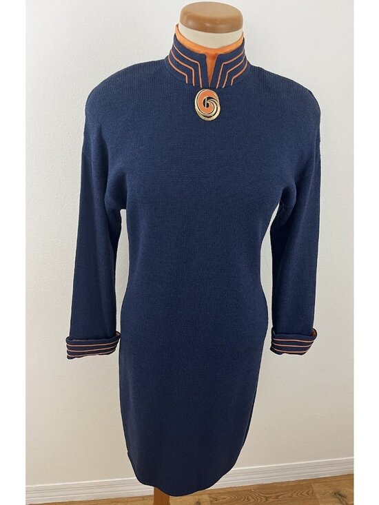 St. John Dresses & Skirts - St. John Santana Knit Sweater Dress Women's 6 Blue Orange Trim Pin Accent